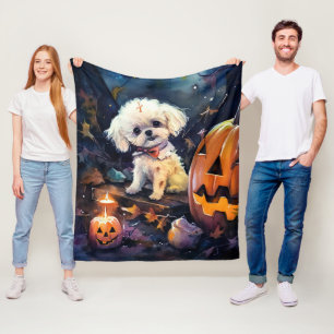 Cobertor De Velo Bichon Frise de Halloween com Abóboras Assustadora