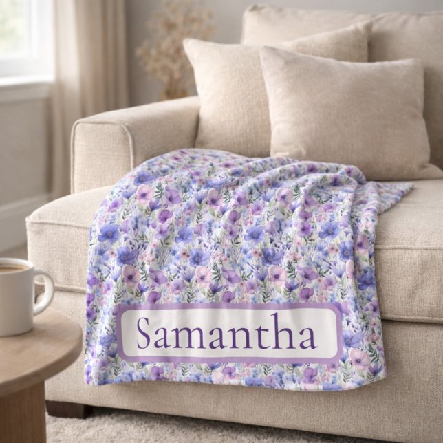 Cobertor De Velo Birthday Gift Purple Floral Personalized Name (Criador carregado)