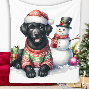 Cobertor De Velo Black Labrador Puppy Dog Snowman Feriado de invern