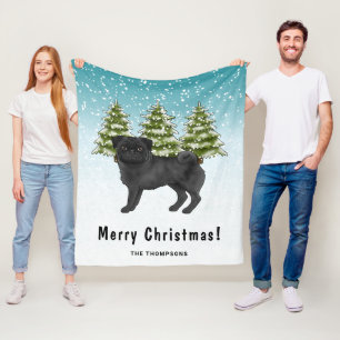 Cobertor De Velo Black Pug Cute Cartoon Dog Snowy Winter Forest