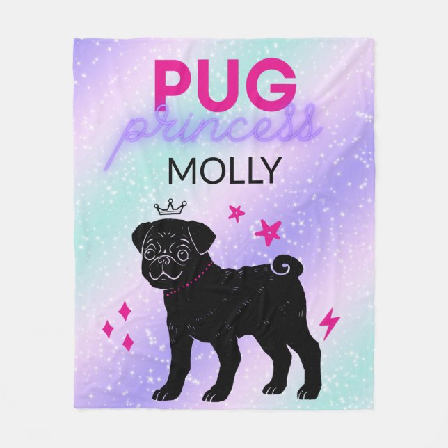 COBERTOR DE VELO BLACK" PUG PRINCESS" FLEECE BLANKET PERSONALIZADO. (Frente)