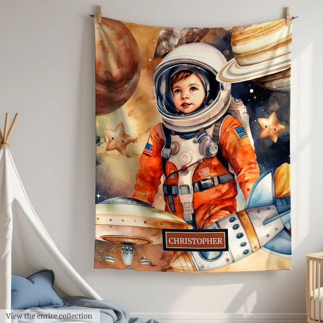 Cobertor De Velo Blanket de nome personalizado com Rocket e Design  (Custom Name Blanket with Rocket and Planet Design

)