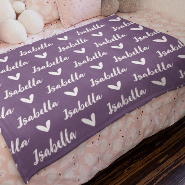Cobertor De Velo Blanket de Nome Personalizado Roxo com Corações (Criador carregado)