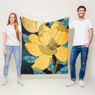 Cobertor De Velo Blogue de ouro com Folhas de Teal Abstrato Floral