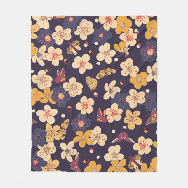 Cobertor De Velo blooming cherry and butterflies seamless pattern.  (Frente)