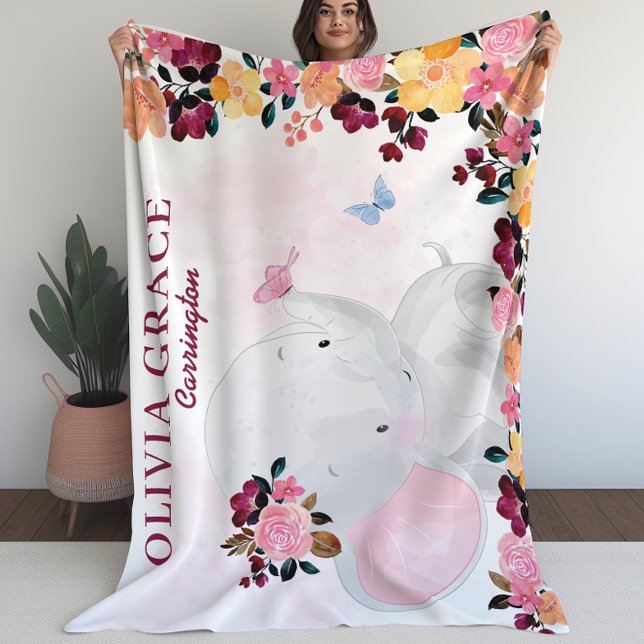 Cobertor De Velo Bloqueio de Nome Personalizado com Elefante + Flor (Personalized Name Blanket with Elephant + Flowers (L))