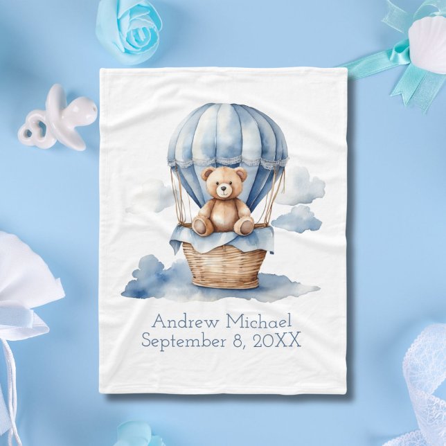 Cobertor De Velo Blue Teddy Bear Ar Quente Balão de Ar (Blue Teddy Bear in Hot Air Balloon Baby Boys Baby Blanket. Monogram name, birthday, birth stats)