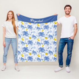 Cobertor De Velo Blue Toile Palm Trees Lemons Monogram Name
