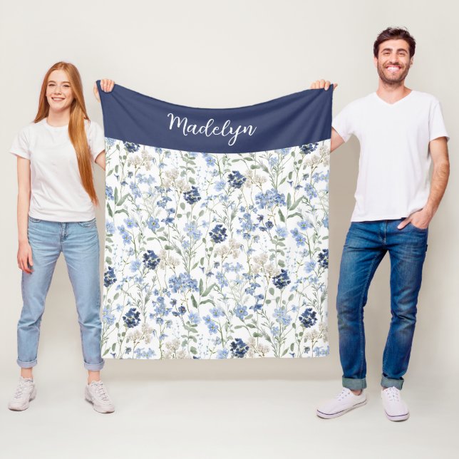Cobertor De Velo Blue Watercolor Wildflower Monogram Name (In Situ)