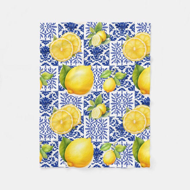Cobertor De Velo Blue White Lemon Tile Pattern Mediterranean Citrus (Frente)