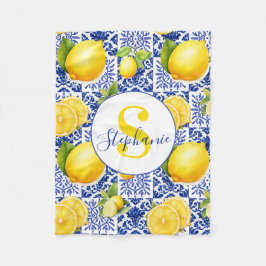 Cobertor De Velo Blue White Lemon Tile Pattern Name Monogram Citrus