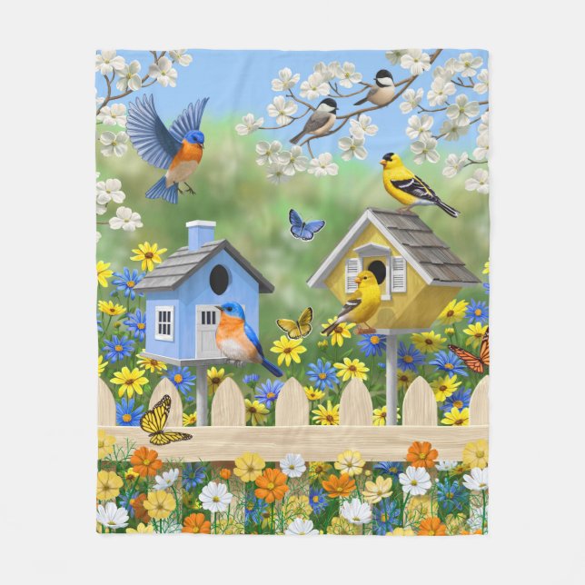 Cobertor De Velo Bluebird Goldfinches Birdhouses Fllower Garden (Frente)