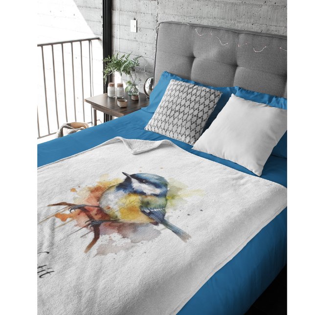 Cobertor De Velo Bluetit bonito em uma ramificação, personalizado (Criador carregado)