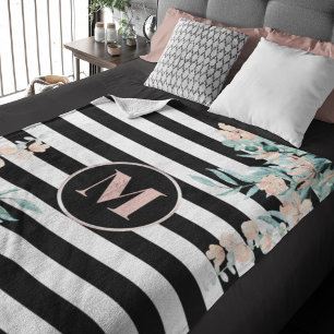 Cobertor De Velo Blush Floral em Black and White Stripe Monogramado