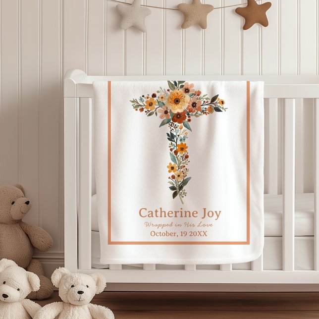 Cobertor De Velo Boho Floral Cross Baptism Gift Name Baby Blankets (Criador carregado)