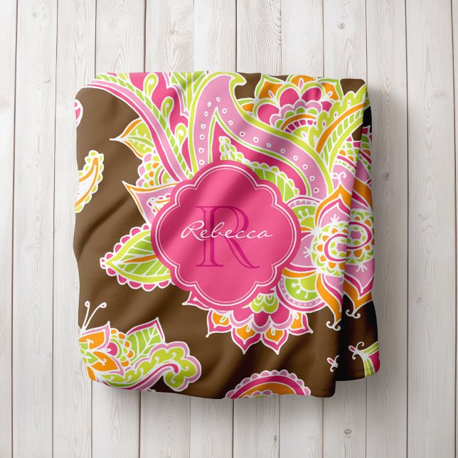 Cobertor De Velo Boho Paisley, Rosa e Castanho, Monograma (Criador carregado)
