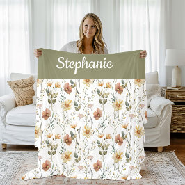 Cobertor De Velo Boho Sage Green Watercolor Wildflower Monogram