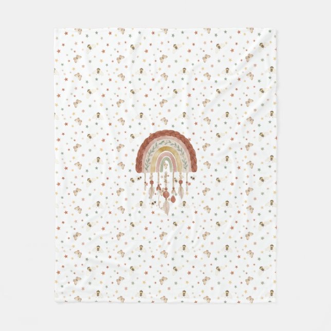 Cobertor De Velo Boho Whimsical Bee & Earthy Rainbow Baby Fleece Bl (Frente)