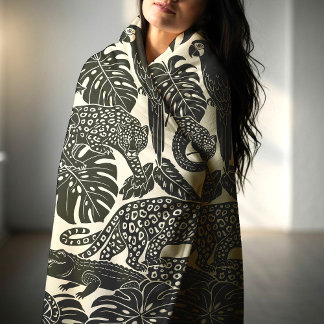 Cobertor De Velo Bold Black and Cream Tropical Jungle Animals 