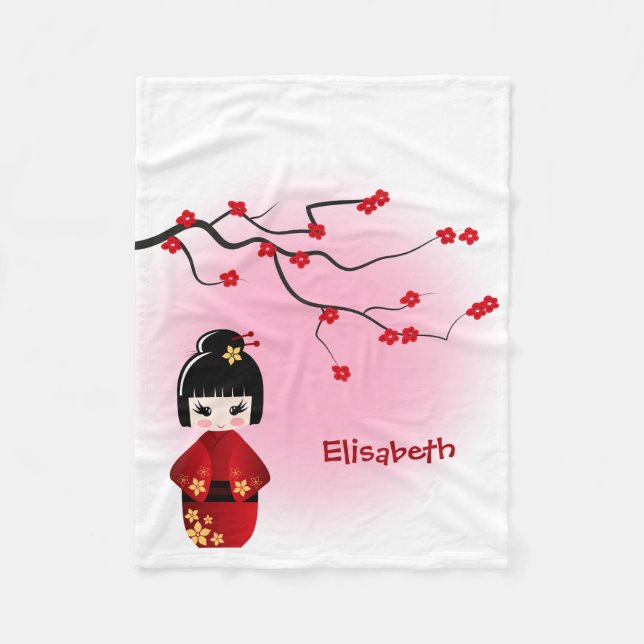 Cobertor De Velo Boneca kokeshi japonesa em sakura floresce (Frente)