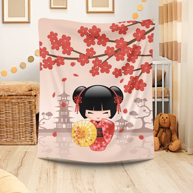 Cobertor De Velo Boneca Kokeshi Sakura Vermelha - Geisha Japonesa (Criador carregado)