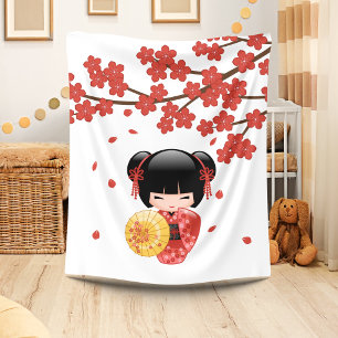 Cobertor De Velo Boneca Red Sakura Kokeshi - Geisha Japonesa Bonita