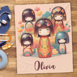 Cobertor De Velo Bonecas Kokeshi em Aquarela Fofa com Rosa