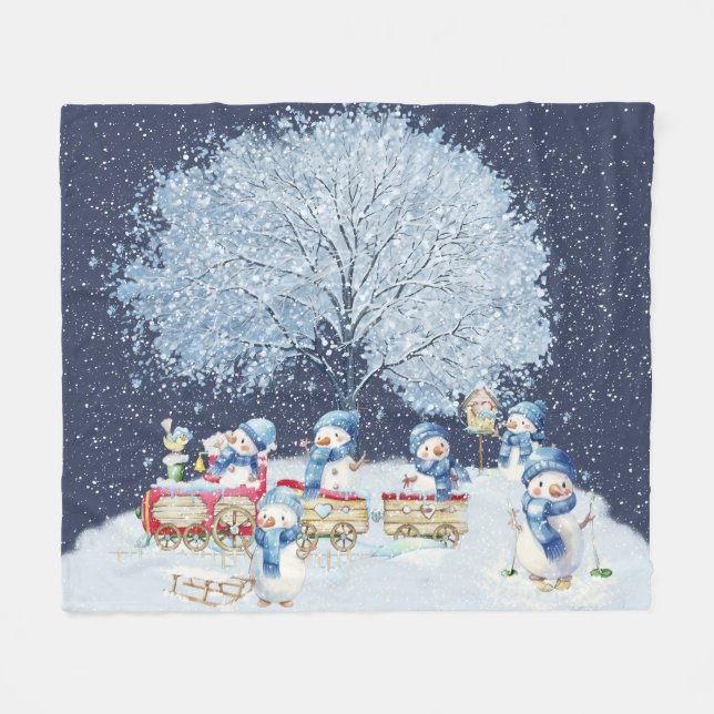 Cobertor De Velo Bonecos de Neve Festivos em Aquarela Fofa (Frente (Horizontal))