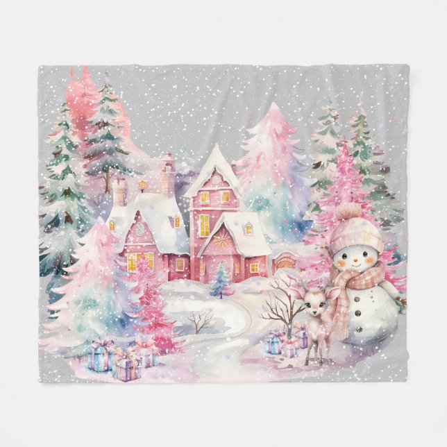 Cobertor De Velo Bonita Snowman Winter Wonderland Rosa (Frente (Horizontal))