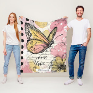 Cobertor De Velo Borboleta Aquarela Rosa Dourado Arte Boho Natureza