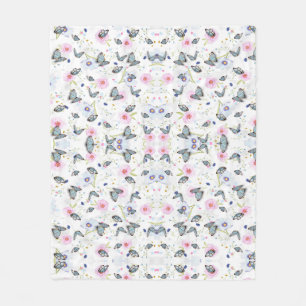 Cobertor De Velo Borboleta Azul e Floral Rosa em Aquarela Vintage