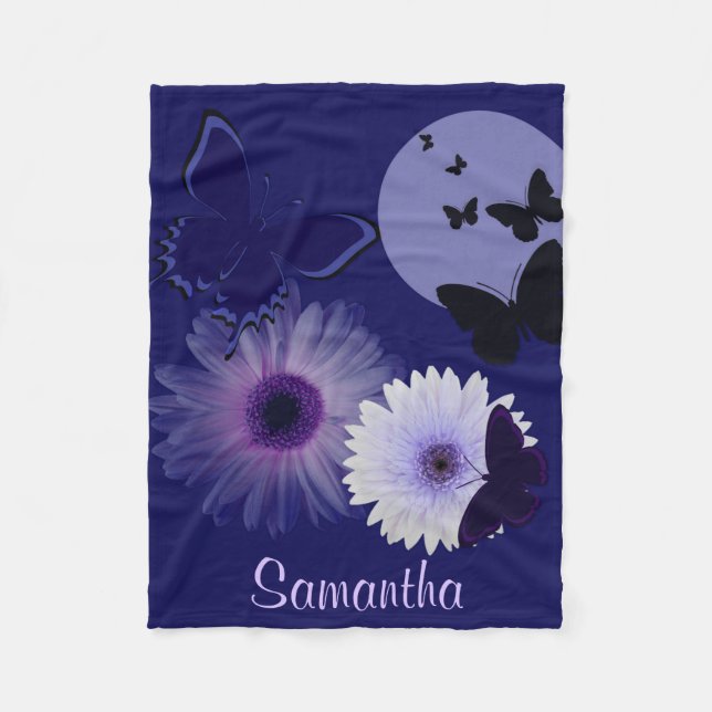Cobertor De Velo Borboleta azul e margarida roxas personalizadas (Frente)