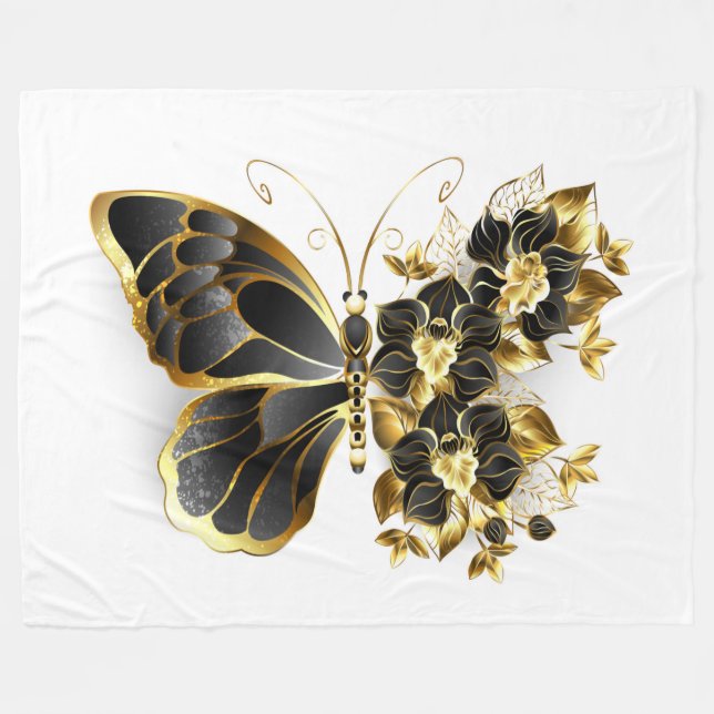 Cobertor De Velo Borboleta Flor Dourada com Orquídea Preta (Frente (Horizontal))