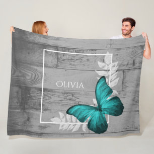 Cobertor De Velo Borboleta Teal Rustic Fleece Personalizado Blanket