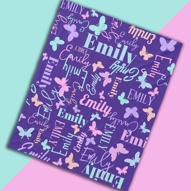 Cobertor De Velo Borboletas-arco-íris nome personalizado púrpura az (Criador carregado)