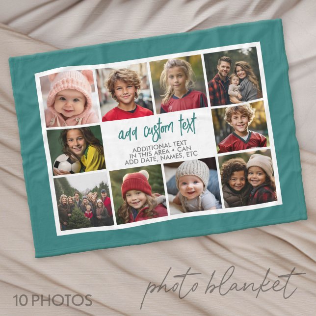 Cobertor De Velo Borda de 10 Fotos com Texto no Centro - Turquesa (Custom Photo Blanket with Lots of Photos)