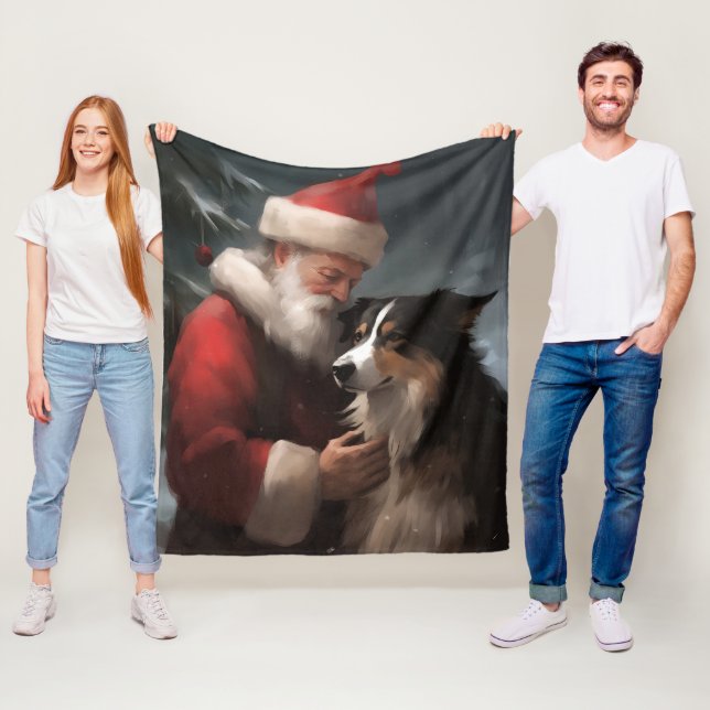 Cobertor De Velo Border Collie Com Papai Noel Natal Festivo (In Situ)