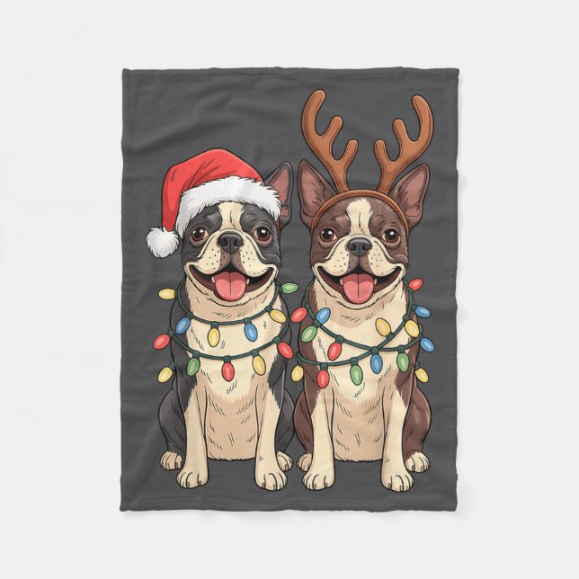 Cobertor De Velo Boston Terrier Christmas Santa Hat Reindeer Lights (Frente)
