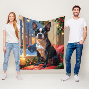 Cobertor De Velo Boston Terrier com férias de Natal
