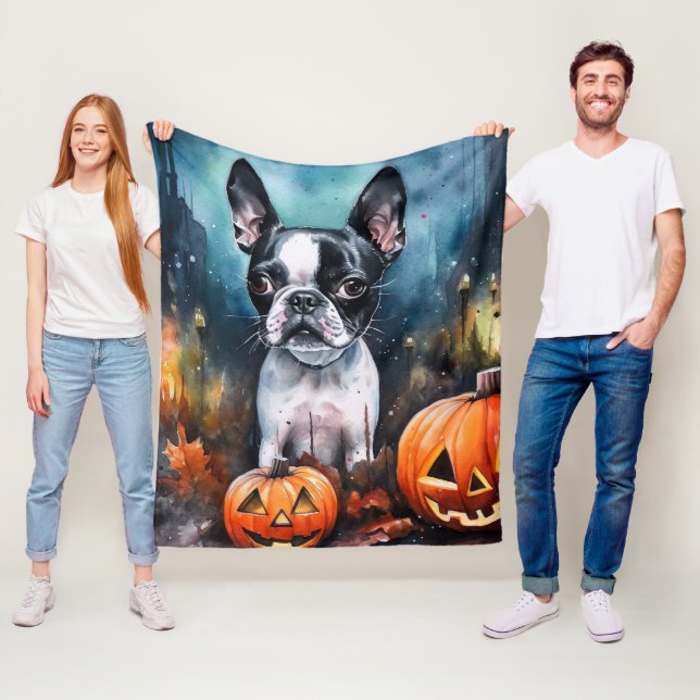 Cobertor De Velo Boston Terrier de Halloween com Abóboras Assustado (In Situ)
