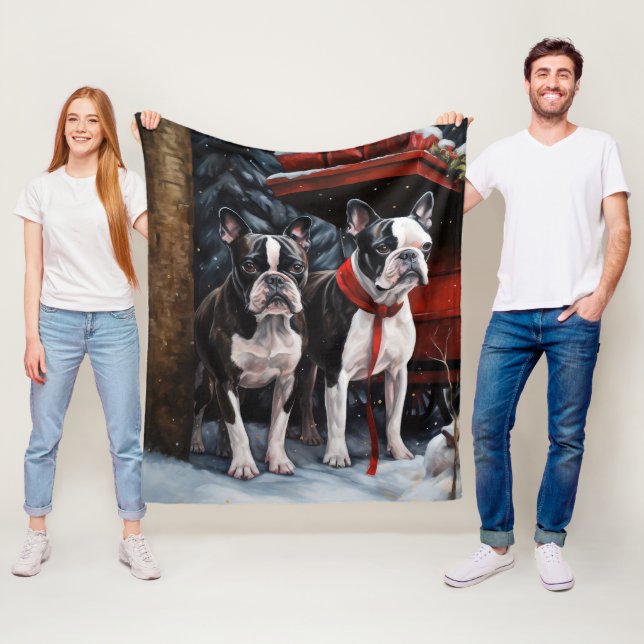 Cobertor De Velo Boston Terrier Nevado Trineo Decoración de Navidad (In Situ)