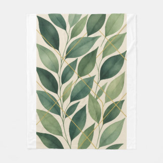 Cobertor De Velo Botanical Green Leaves Fleece Blanket | Watercolor