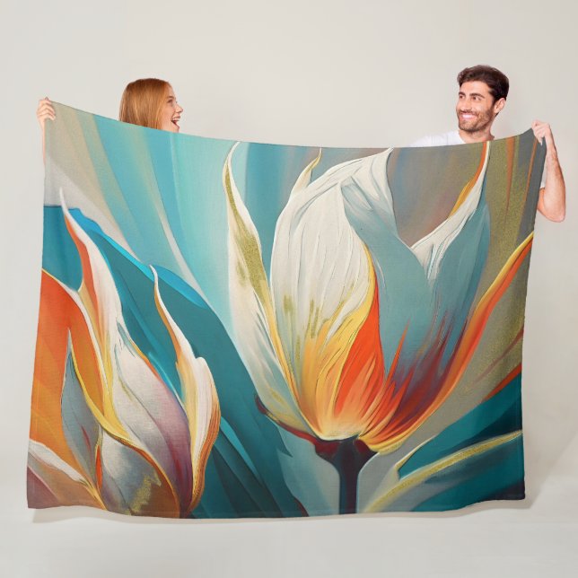 Cobertor De Velo Brilho Floral Abstrato em Turquesa e Laranja (In Situ)