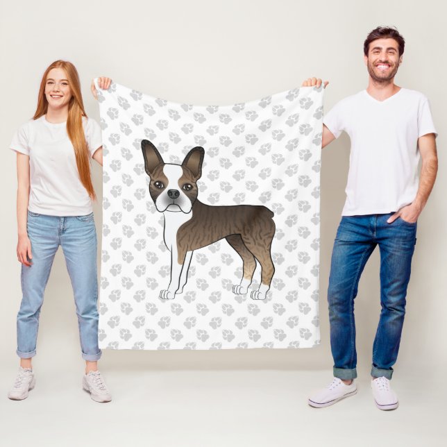Cobertor De Velo Brindle Boston Terrier Cute Cartoon Dog & Paws (In Situ)