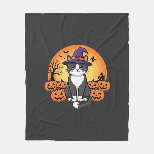 Cobertor De Velo Bruxa de Halloween Gato Abóbora Lua Desenho_1 (Frente)
