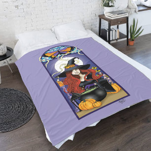 Cobertor De Velo Bruxa de Outono Art Nouveau Abóboras Lua Roxa