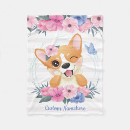 Cobertor De Velo Cachorro Corgi Fofo Coroa de Flores Borboleta Azul