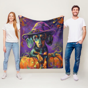 Cobertor De Velo Cachorro Dachshund Assustador Halloween Bruxa e Ab