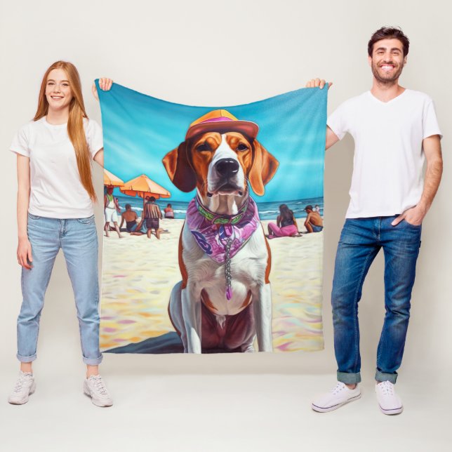 Cobertor De Velo Cachorro Foxhound Inglês Americano na Praia, prese (In Situ)