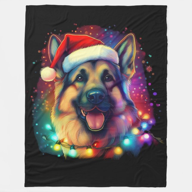 Cobertor De Velo Cachorro German shepherd de Natal com Papai Noel (Frente)